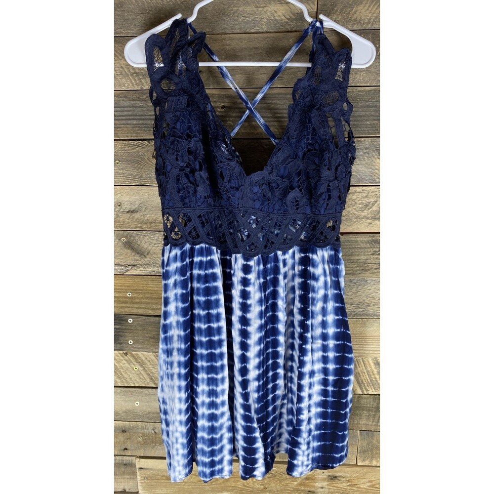 Shein Curve Women's Plus Sz 2XL Blue Tie Dye & Embroidered Lace Dress